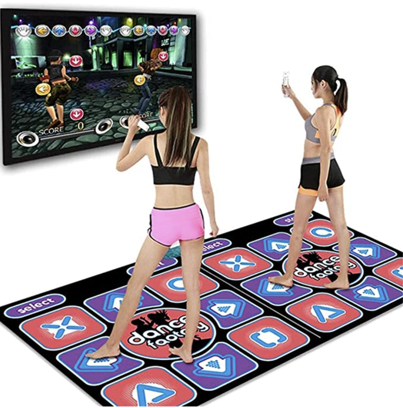 Image of dance mat and 2 girls dancing
